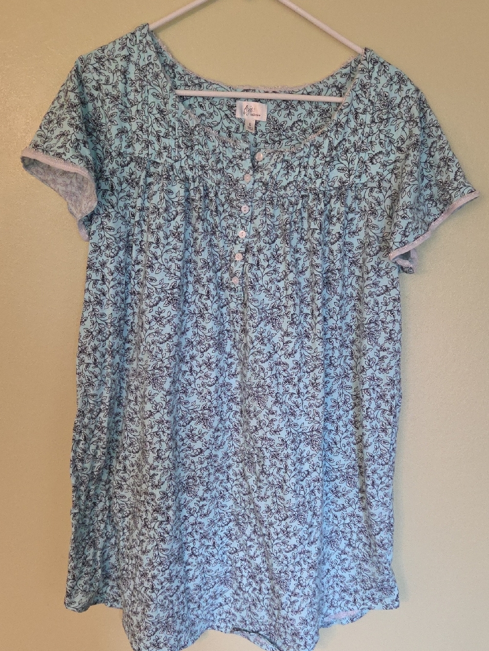 Aria Collection Night Gown Light Blue Floral Button-Front Cotton Large